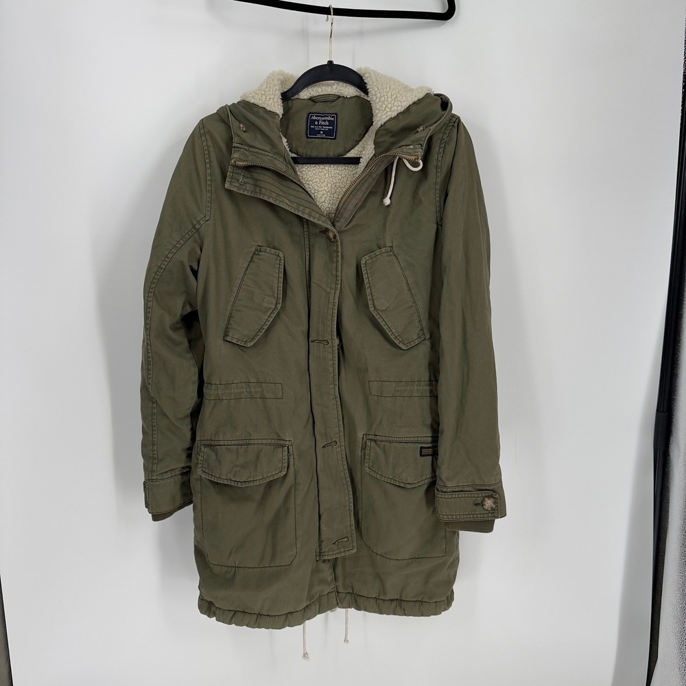 Abercrombie & Fitch Womens Olive Green Sherpa Lined Utility Parka Jacket Medium